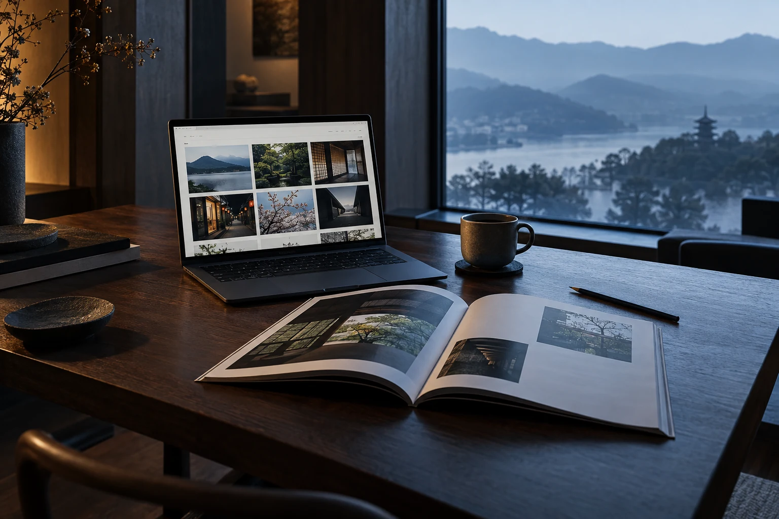 専門メディアの画面と雑誌を広げた、落ち着いた編集デスク
